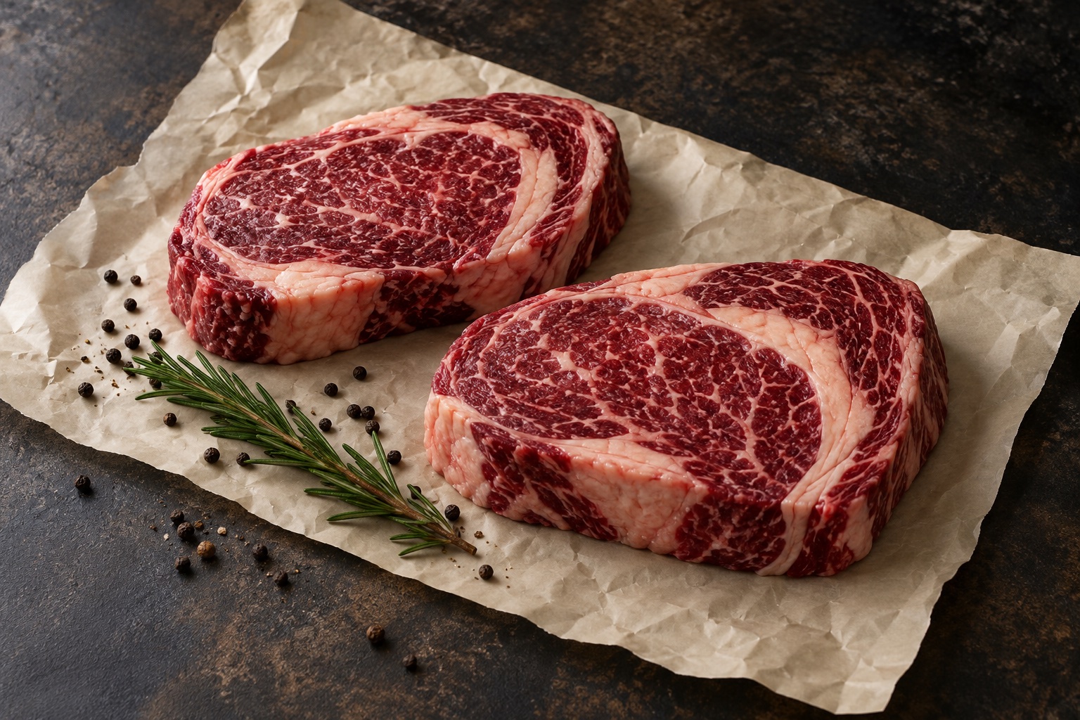 Illustrative AI food study of two steaks on butcher paper; not Cabot's actual products